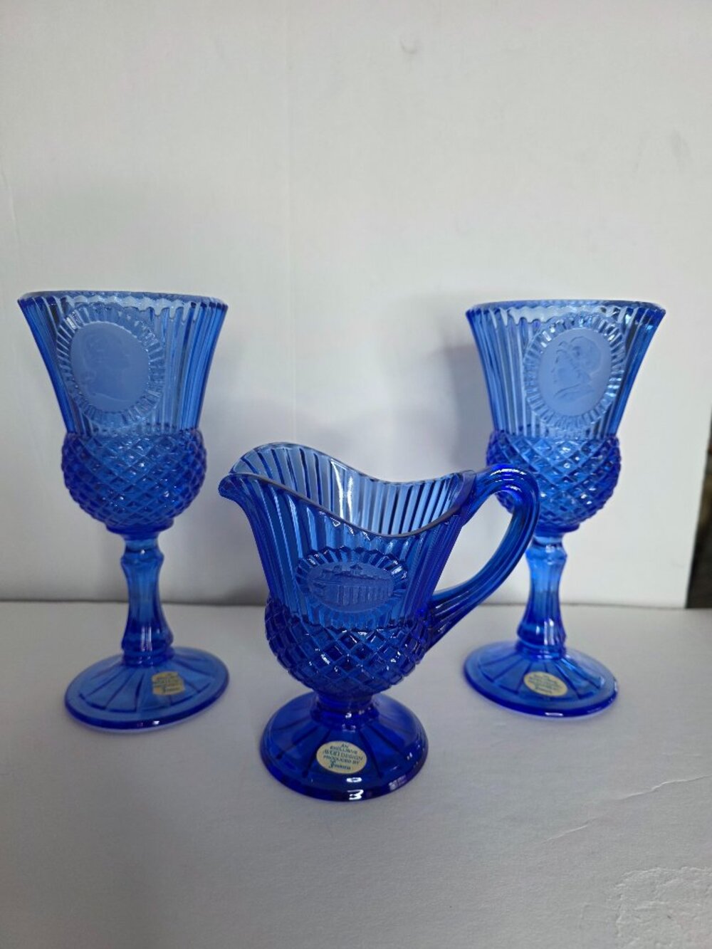 Vintage Cobalt Blue Avon Fostoria set of 2 glassed and water pitcher